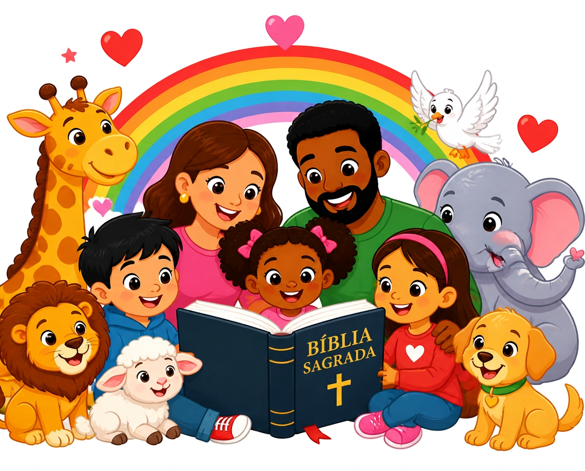 Família lendo a Bíblia junto com animais e um arco-íris