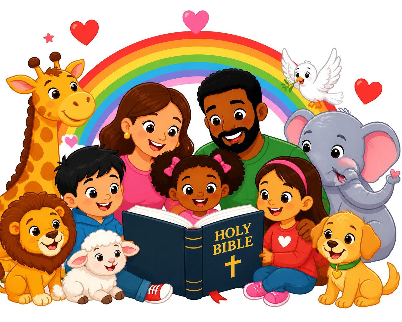 Família lendo a Bíblia junto com animais e um arco-íris
