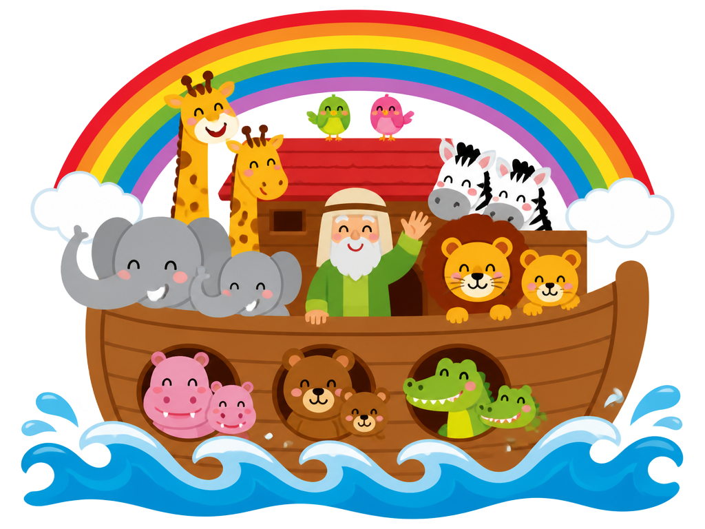 Ilustração da arca de Noé com animais e um arco-íris