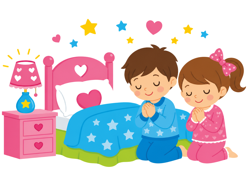 Ilustração de duas crianças orando ao lado da cama
